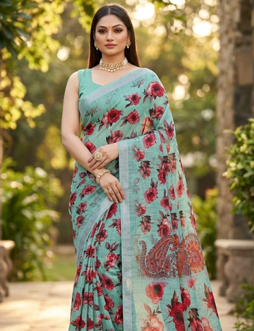 Elegant Floral Paisley Printed Saree with Tassel Design