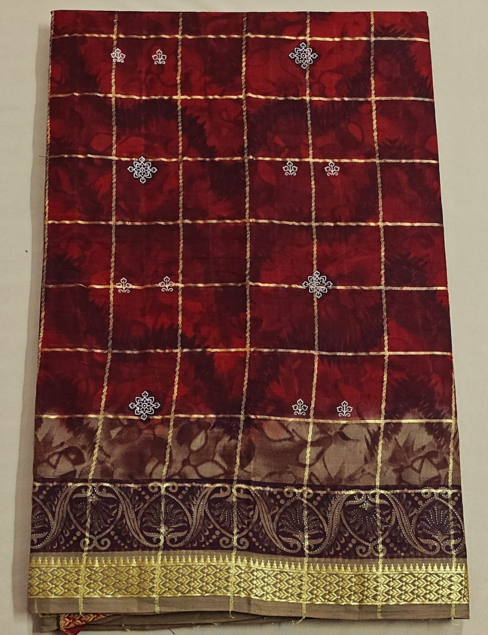 Maroon Gold Checkered Cotton Saree