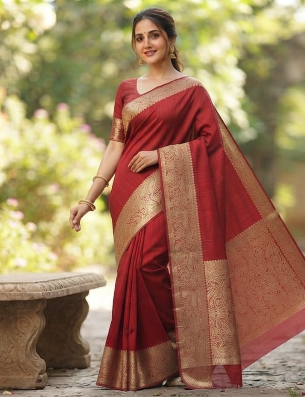 Elegant Crimson Red Zari Woven Sari with Paisley Border