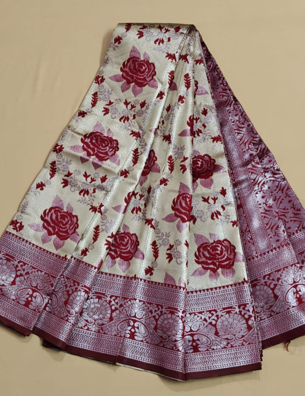 Elegant Silver and Maroon Floral Silk Saree