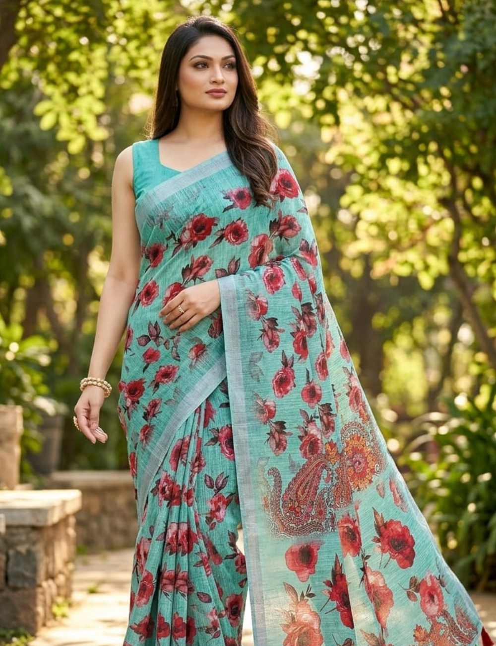 Elegant Floral Paisley Printed Saree with Tassel Design