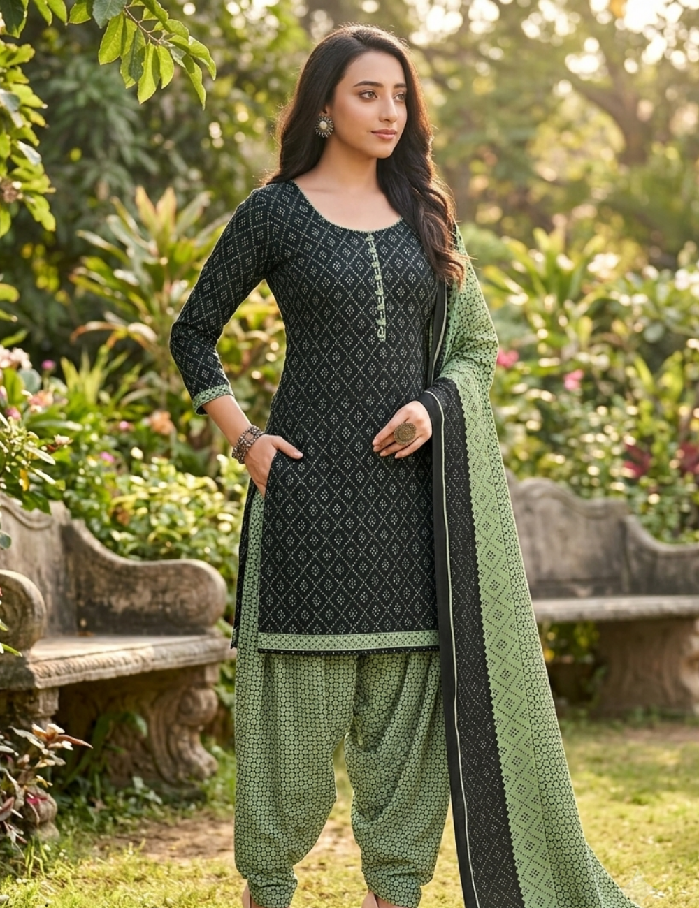 Elegant Black & Sage Patiala Kurta Suit