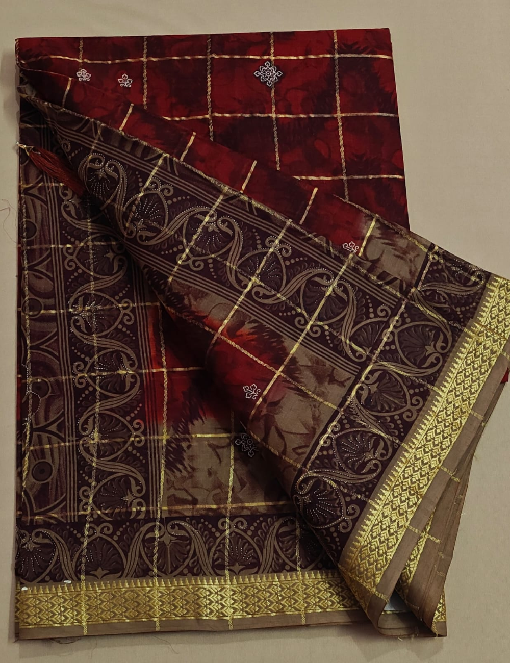 Maroon Gold Checkered Cotton Saree