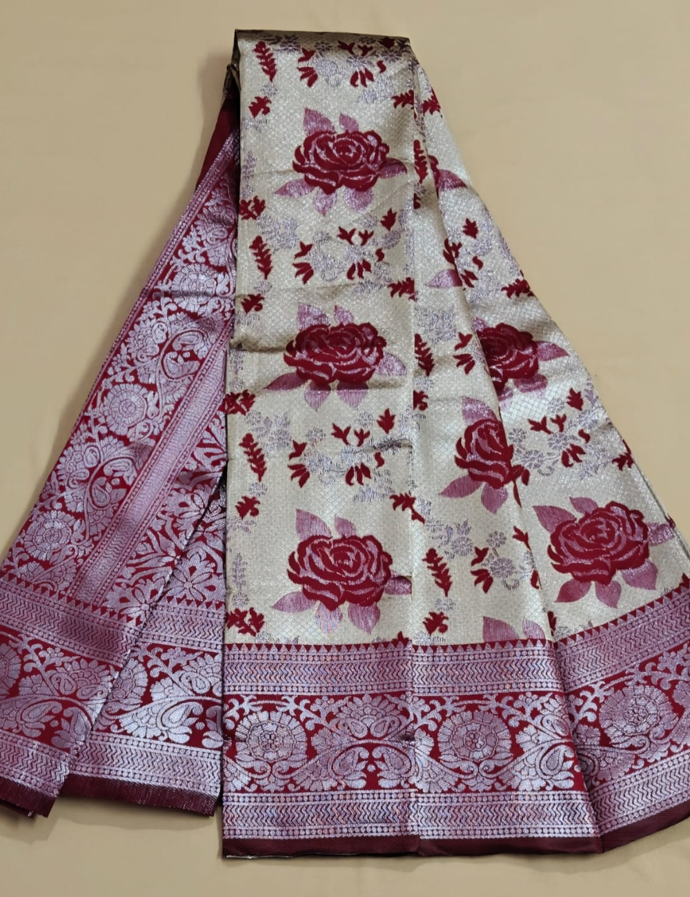 Elegant Silver and Maroon Floral Silk Saree