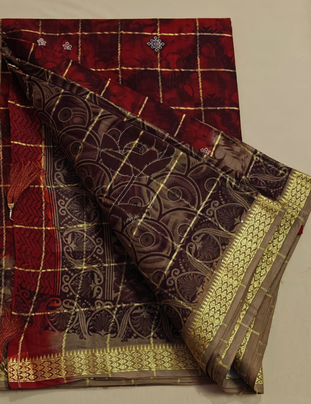 Maroon Gold Checkered Cotton Saree