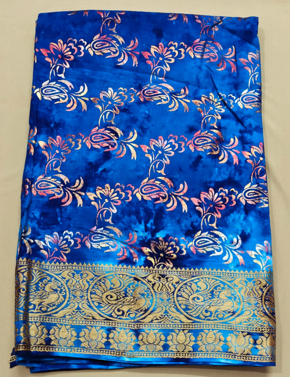 Blue and Gold Foil Print Sari