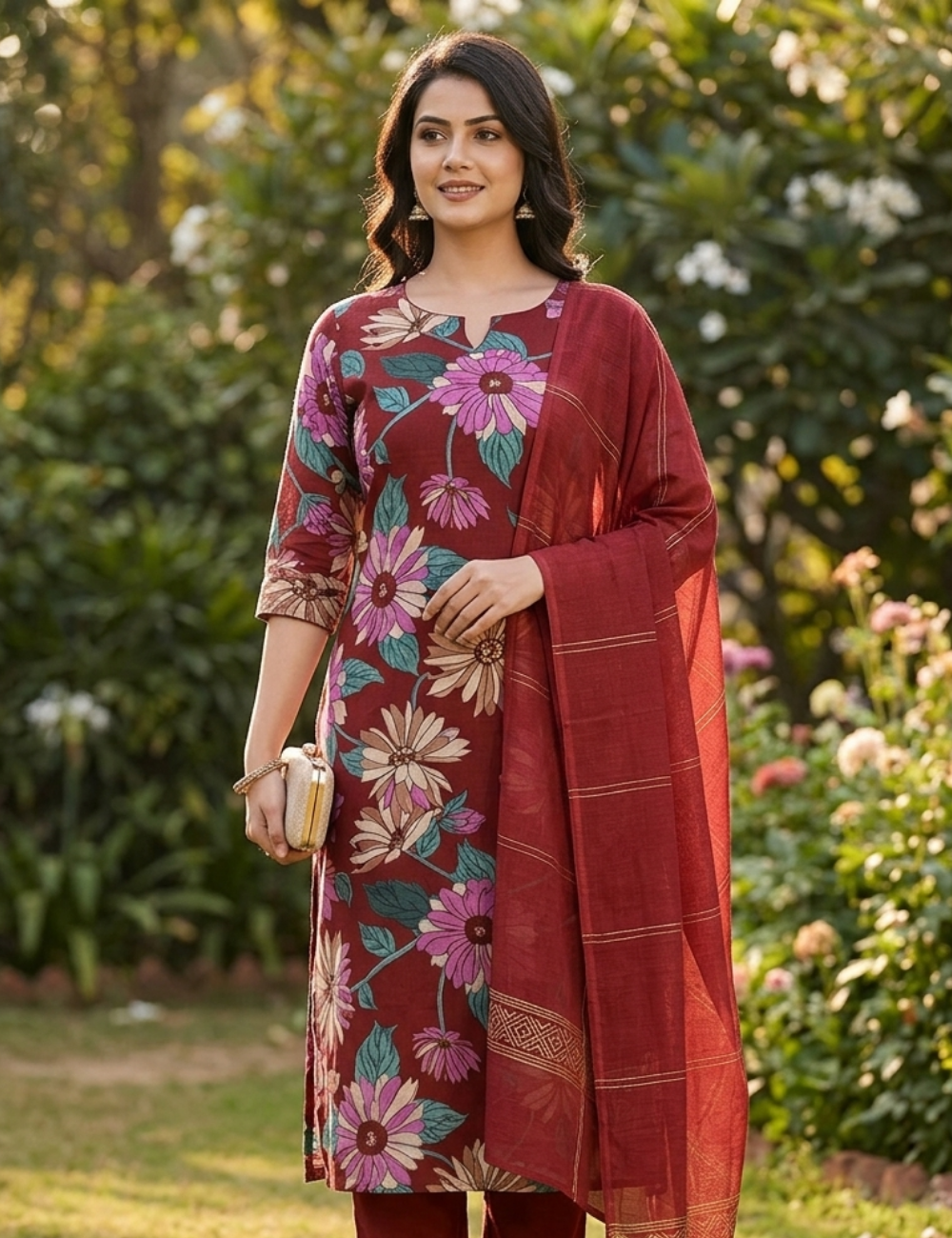 Maroon Floral Printed Kurta Set with Matching Dupatta