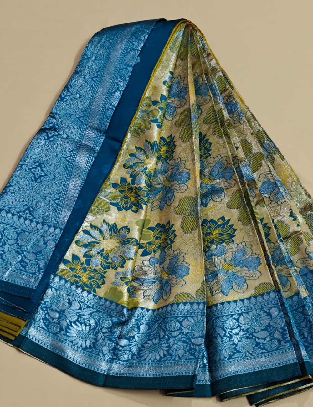 Elegant Teal and Gold Floral Art Silk Saree