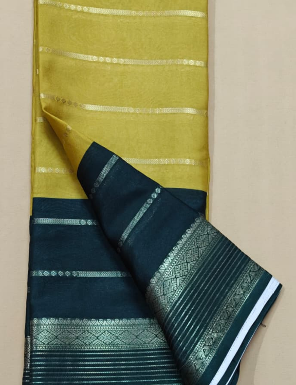 Mustard Yellow and Dark Green Dual-Tone Zari Striped Mysore Silk Sari