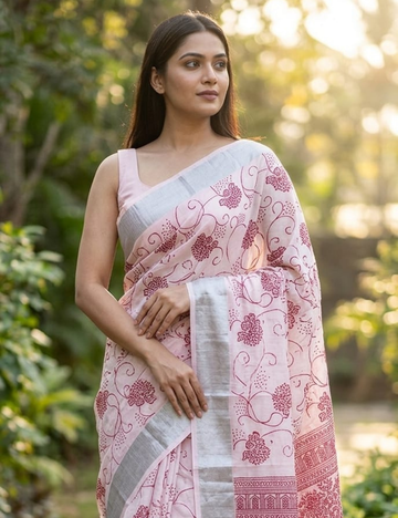 Pink Floral Printed Cotton Saree with Silver Border