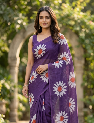 Purple Floral Printed Fancy Cotton Saree
