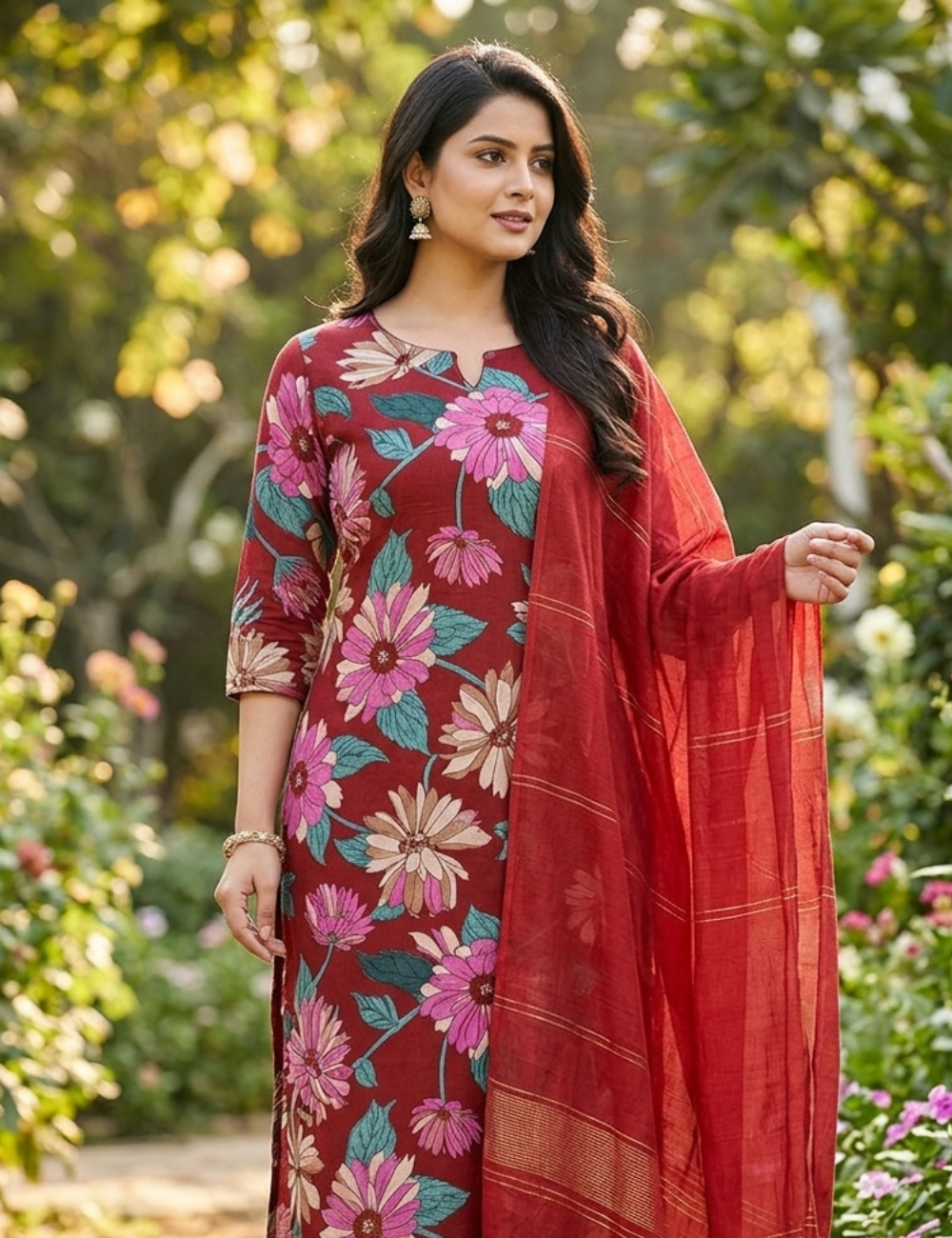Maroon Floral Printed Kurta Set with Matching Dupatta