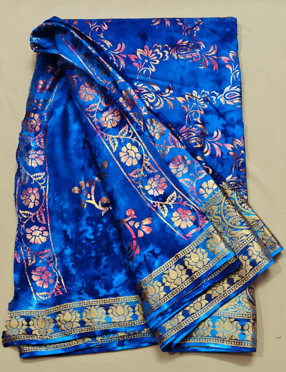 Blue and Gold Foil Print Sari