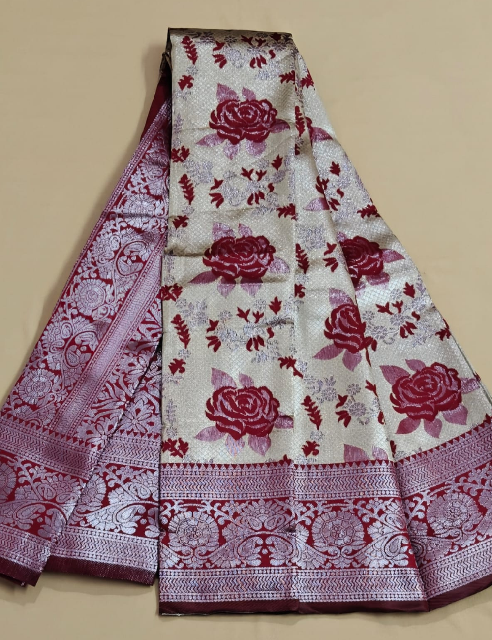 Elegant Silver and Maroon Floral Silk Saree