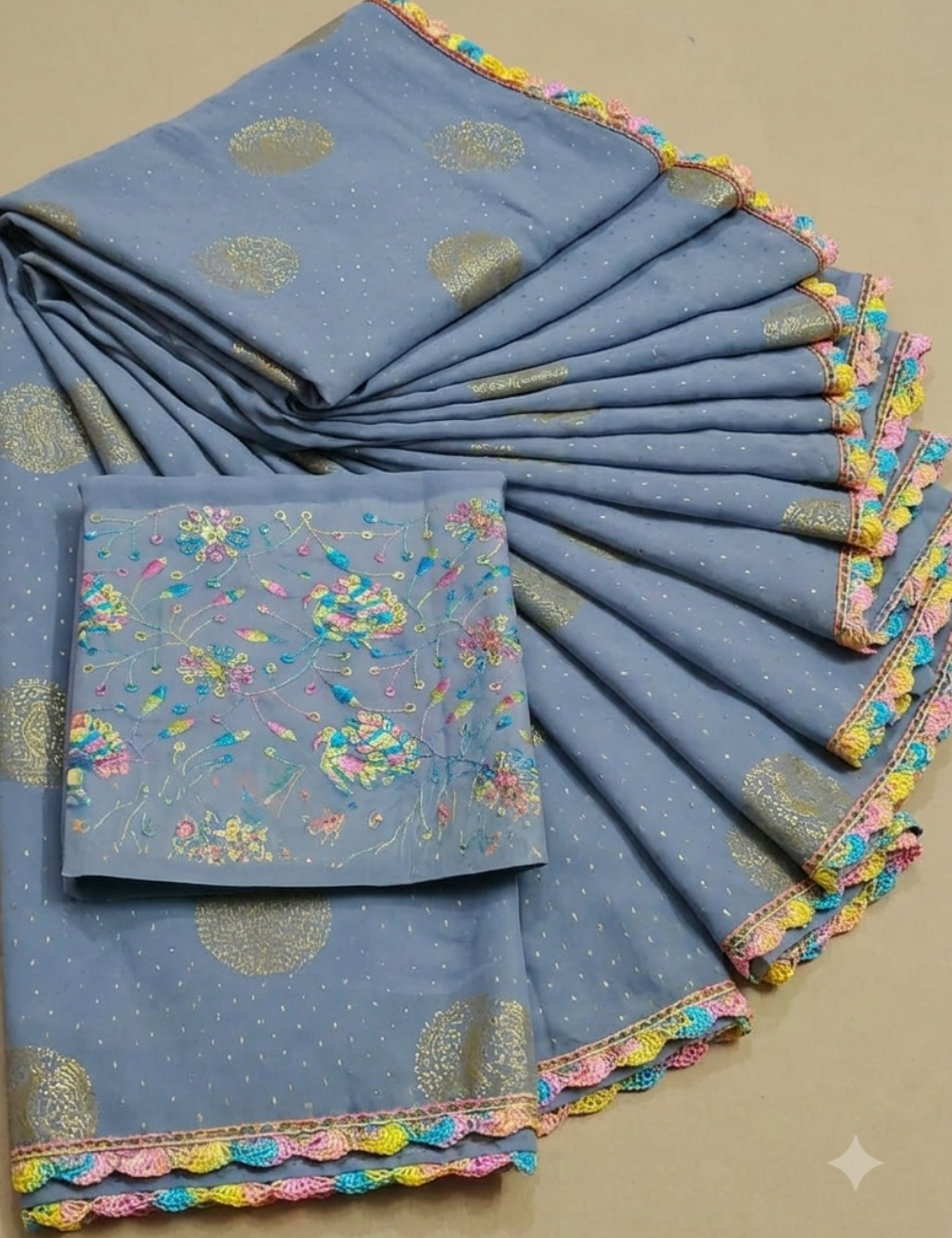 Grey Color Fancy Saree with Elegant Gold Prints & Multicolor Crochet Lace Border