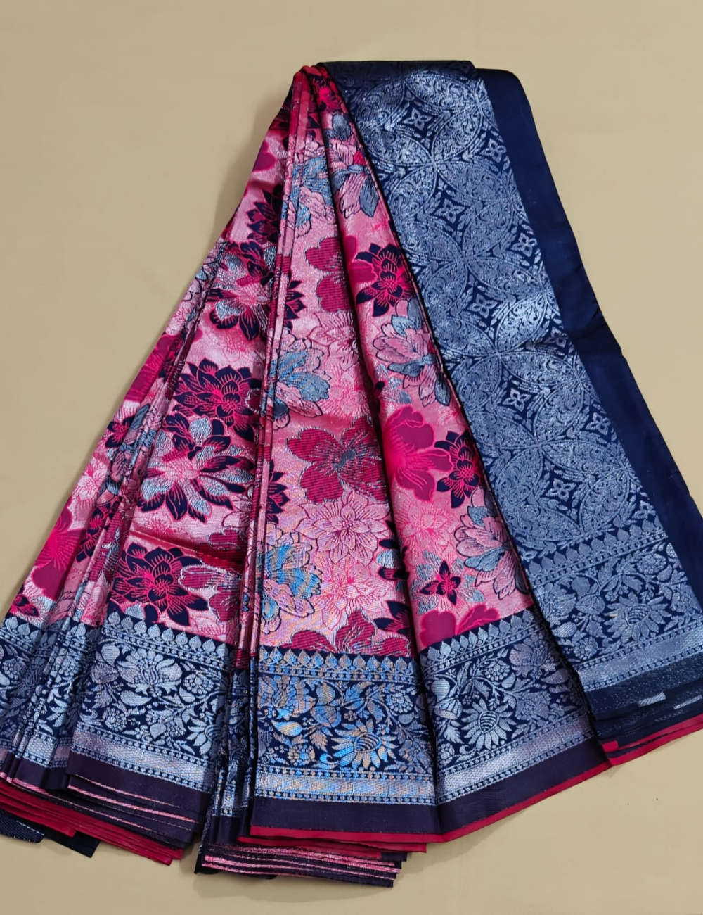 Elegant Pink Floral Soft Silk Saree with Rich Navy Border