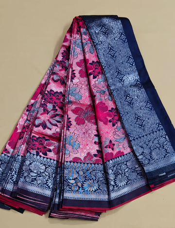 Elegant Pink Floral Soft Silk Saree with Rich Navy Border