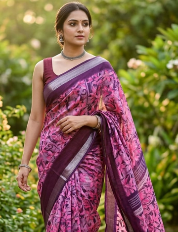 Elegant Purple Bloom Designer Linen Cotton Saree