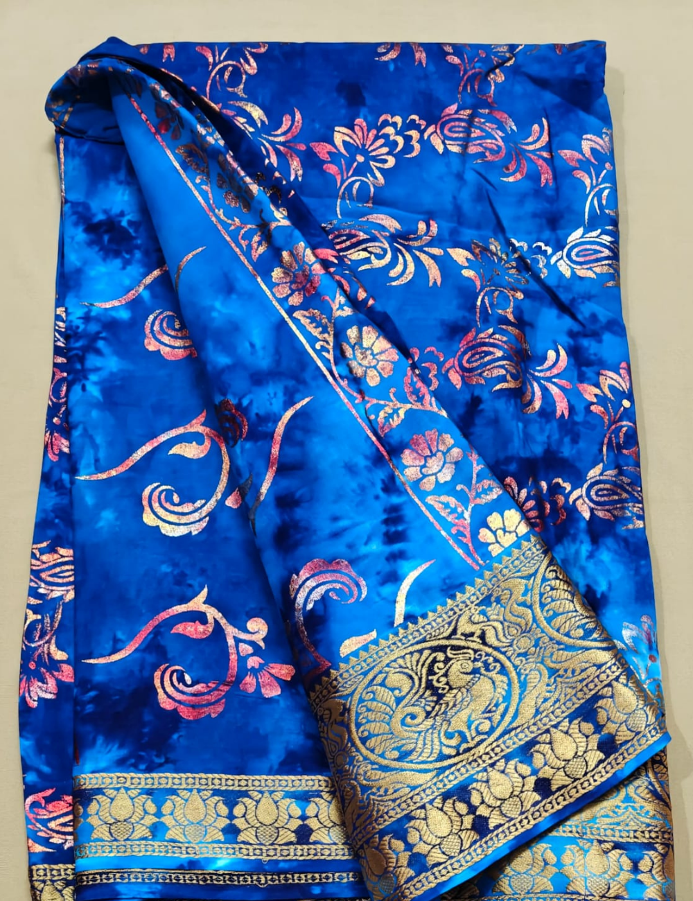 Blue and Gold Foil Print Sari