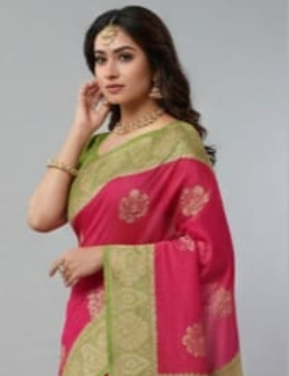 Green and Red Cotton Saree with leaf Border