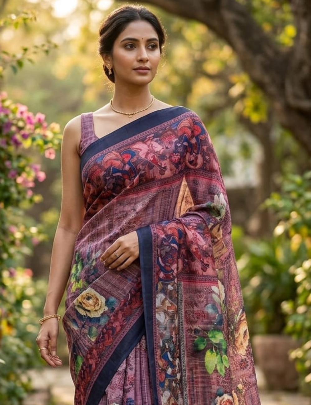 Elegant Grey Floral Digital Print Saree with Traditional Pichwai Border and Blouse