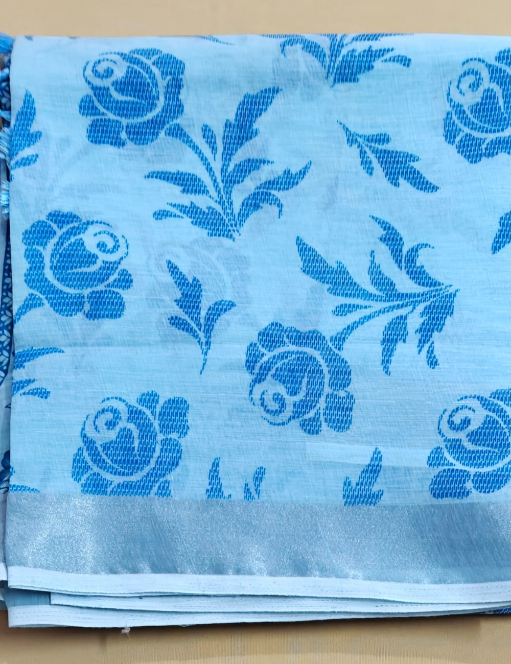 Ice Blue Rose Weave Cotton Saree
