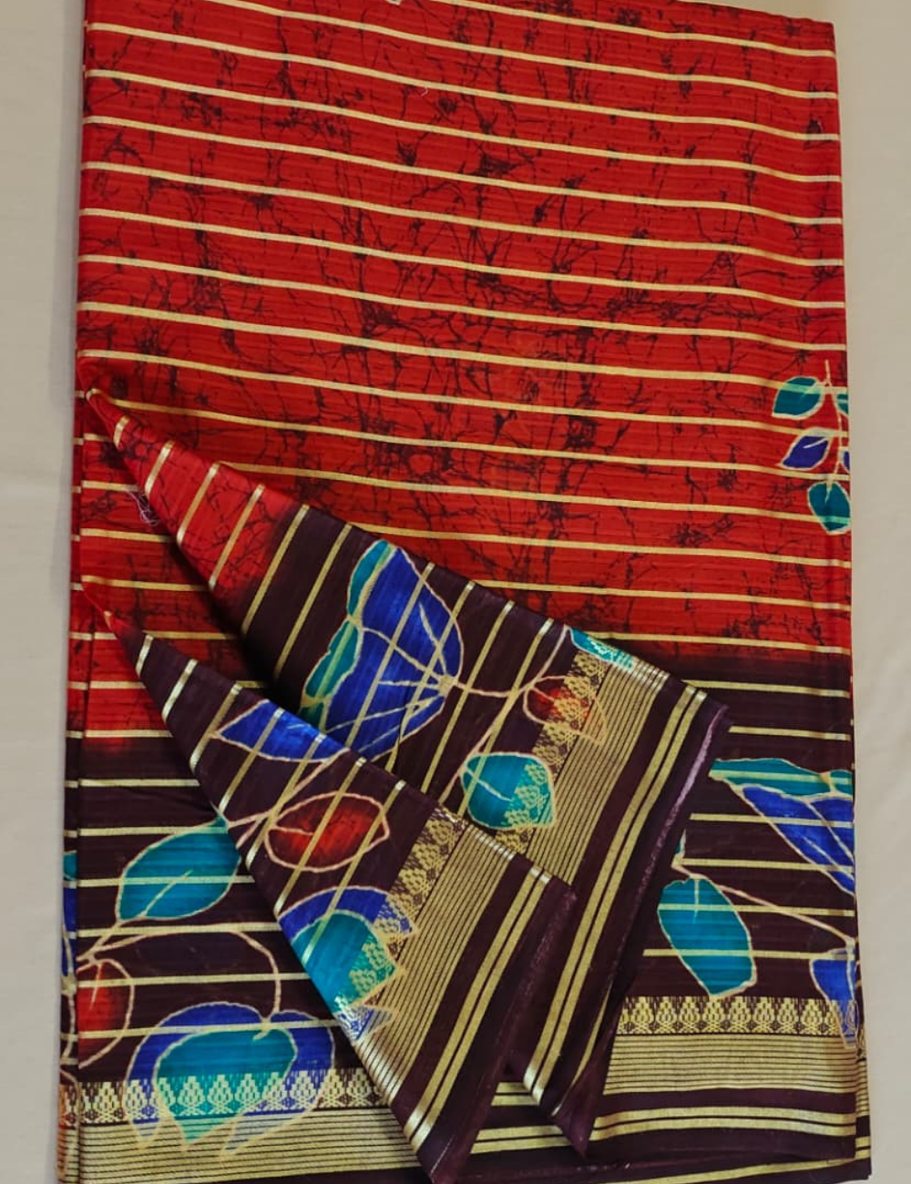 Red and Dark Brown Abstract Leaf Print Soft Silk Sari