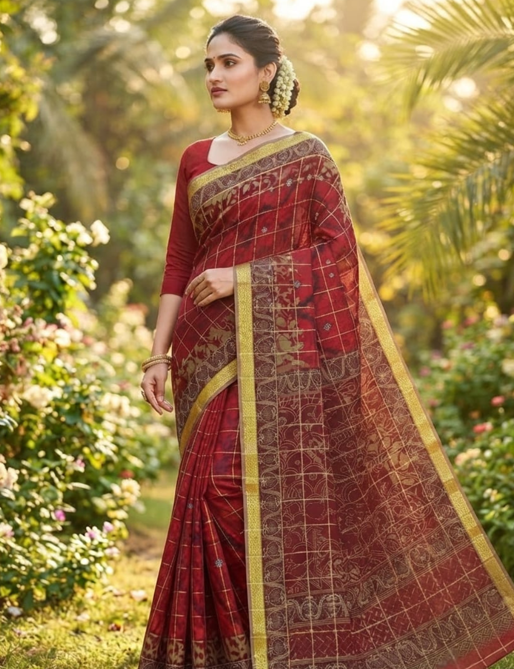 Maroon Gold Checkered Cotton Saree