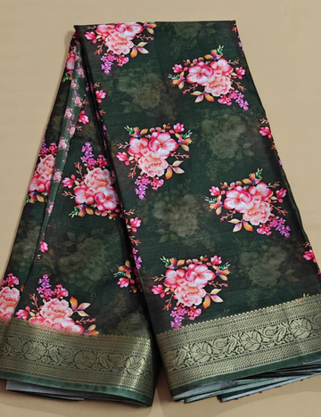 Elegant Dark Green Floral Printed Saree