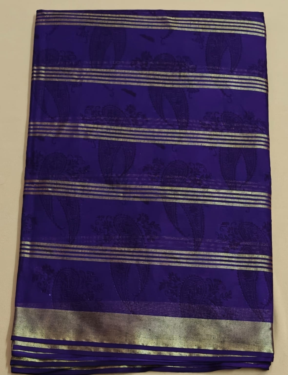 Royal Purple Cotton Sari with Vibrant Floral Prints and Metallic Stripes