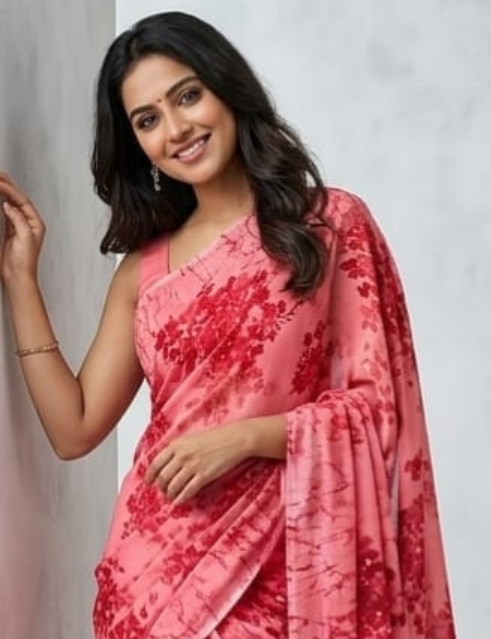 Elegant Pink Floral Printed Soft Saree with Abstract Stripes