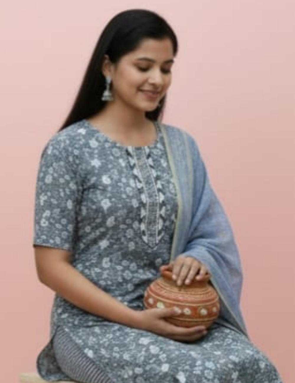 Elegant Grey Printed Kurta Set with Dupatta