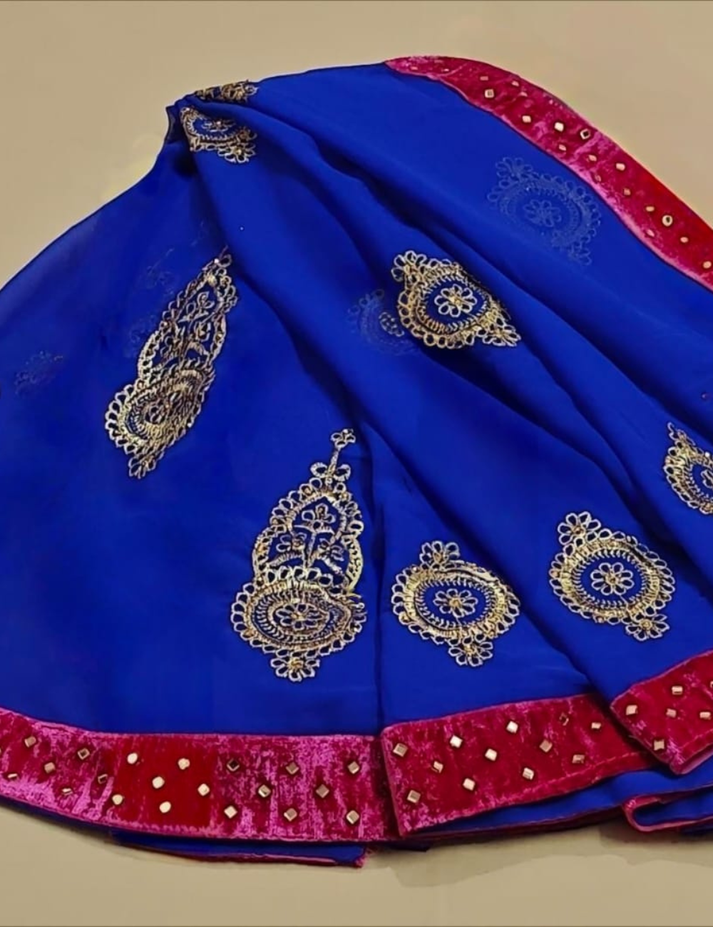 Royal Blue Saree with Pink Velvet Mirror Work Border