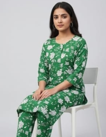 Elegant Green Floral Printed Cotton Kurta Set