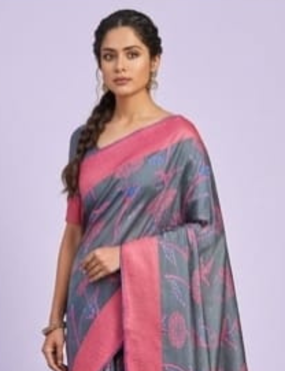 Elegant Grey Saree with Pink Floral Design and Border