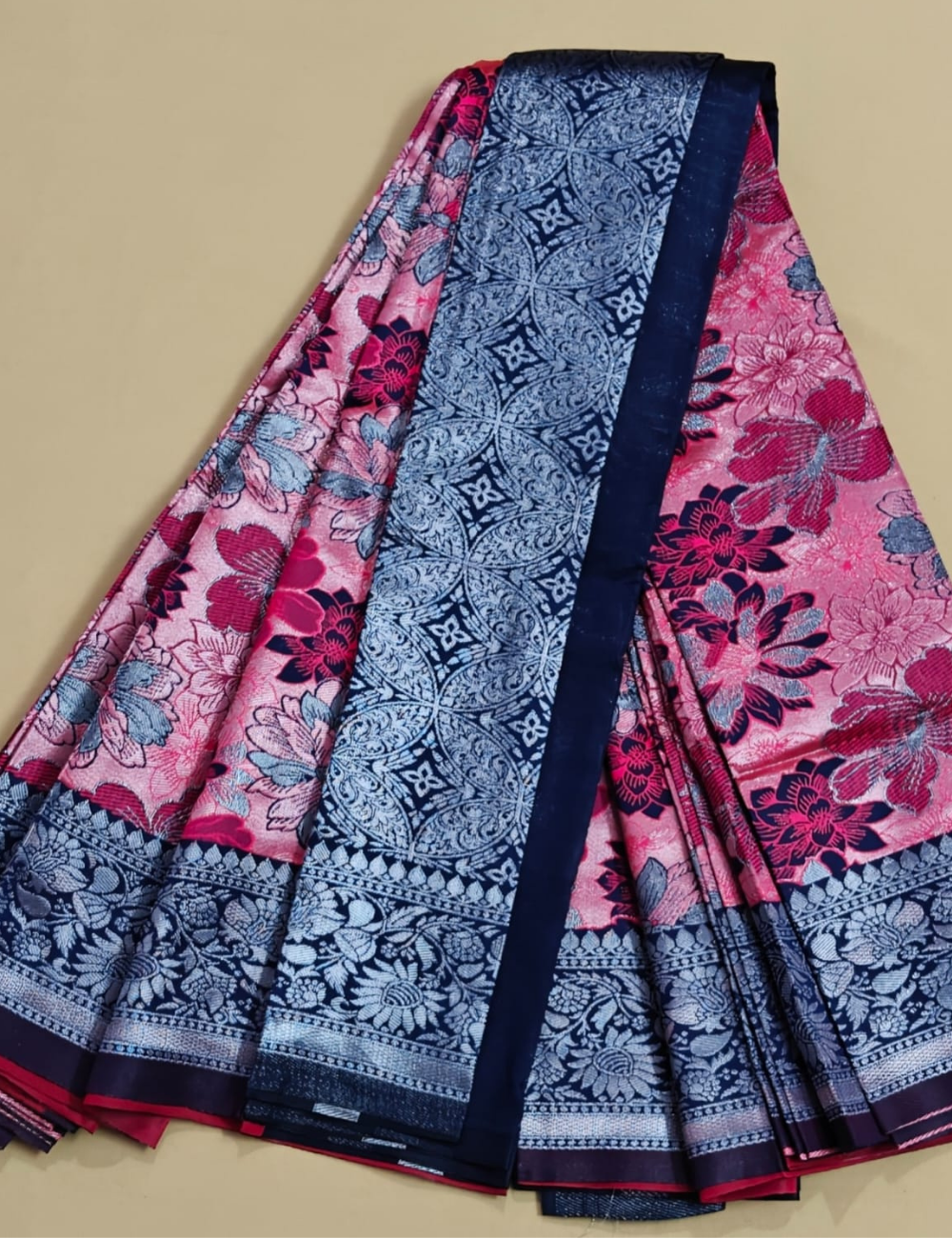 Elegant Pink Floral Soft Silk Saree with Rich Navy Border
