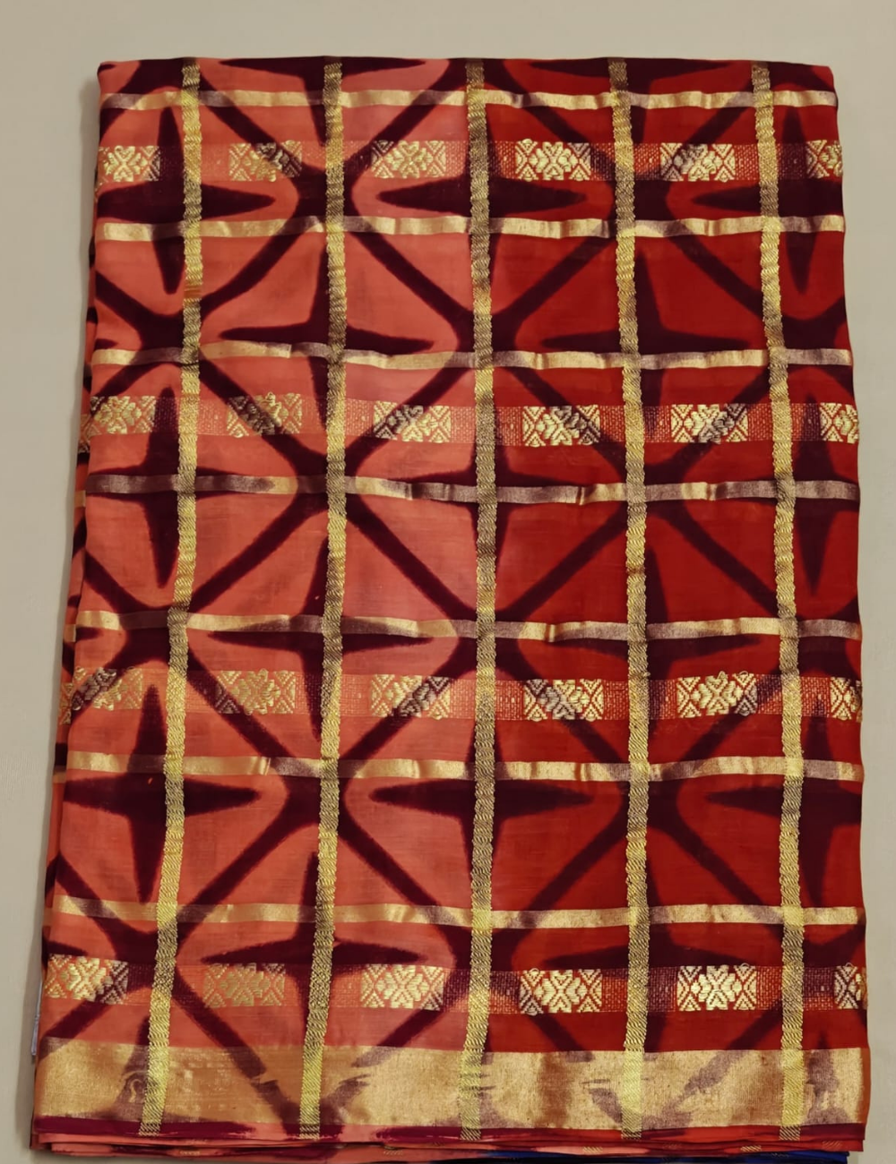 Peach and Blue Checkered Geometric Sari