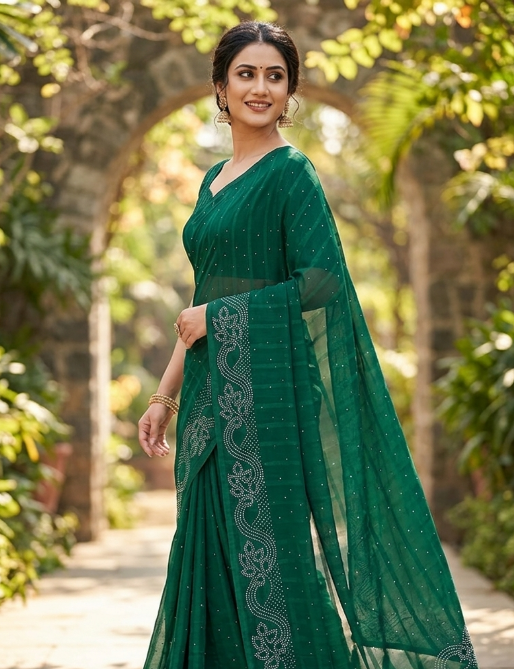 Purple Saree with White Bead Leaf Embroidery