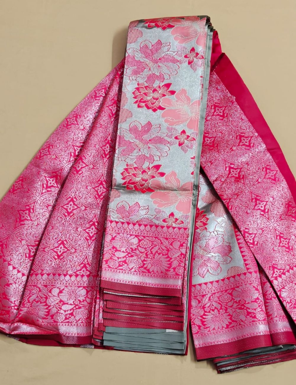 Elegant Silver and Pink Floral Designer Saree