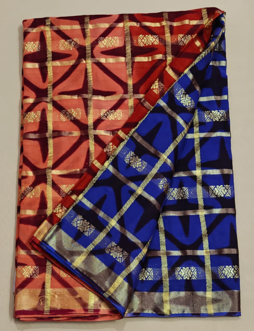 Peach and Blue Checkered Geometric Sari