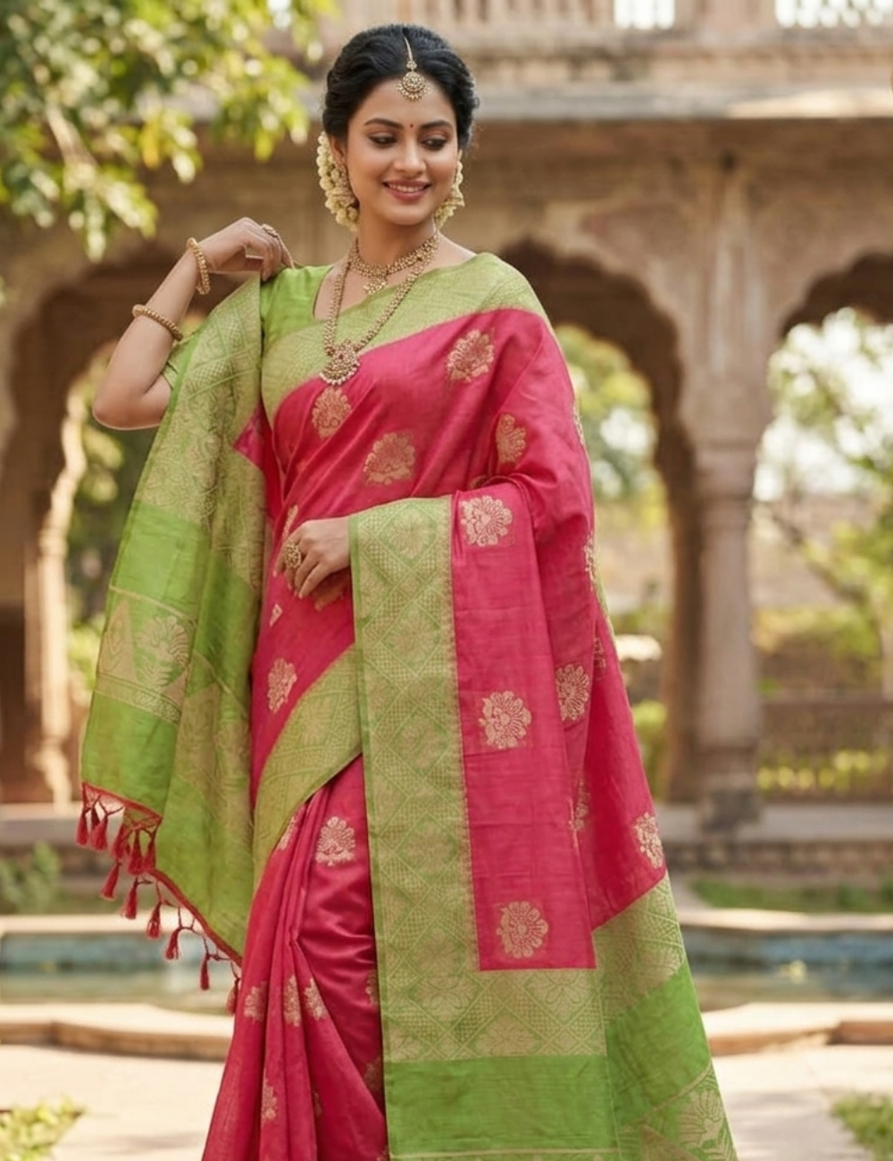 Green and Red Cotton Saree with leaf Border