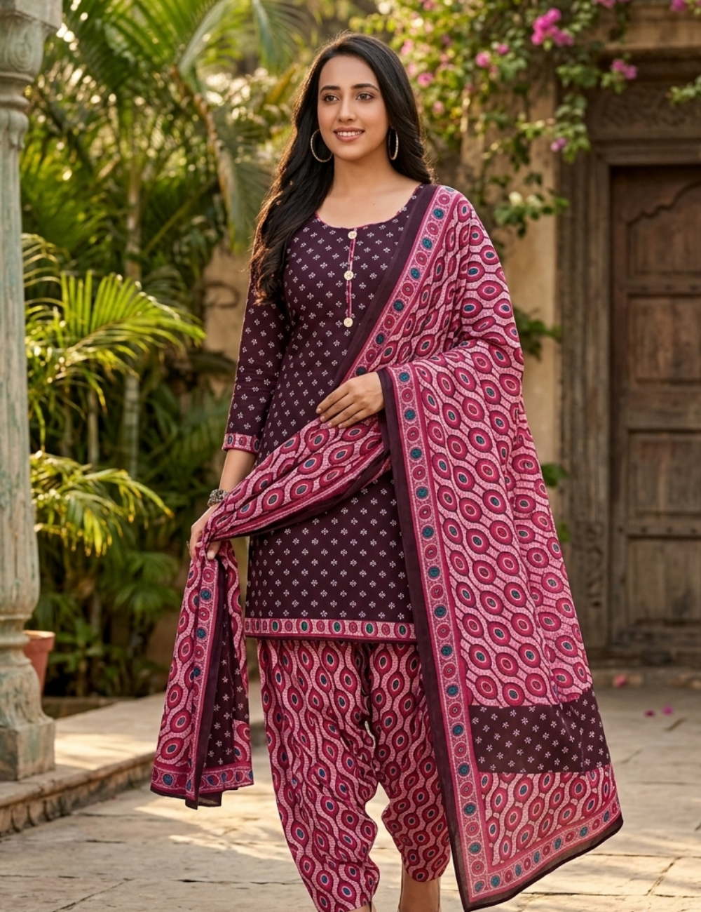 Elegant Deep Plum Patiala Kurta Suit with Geo-Print Accents