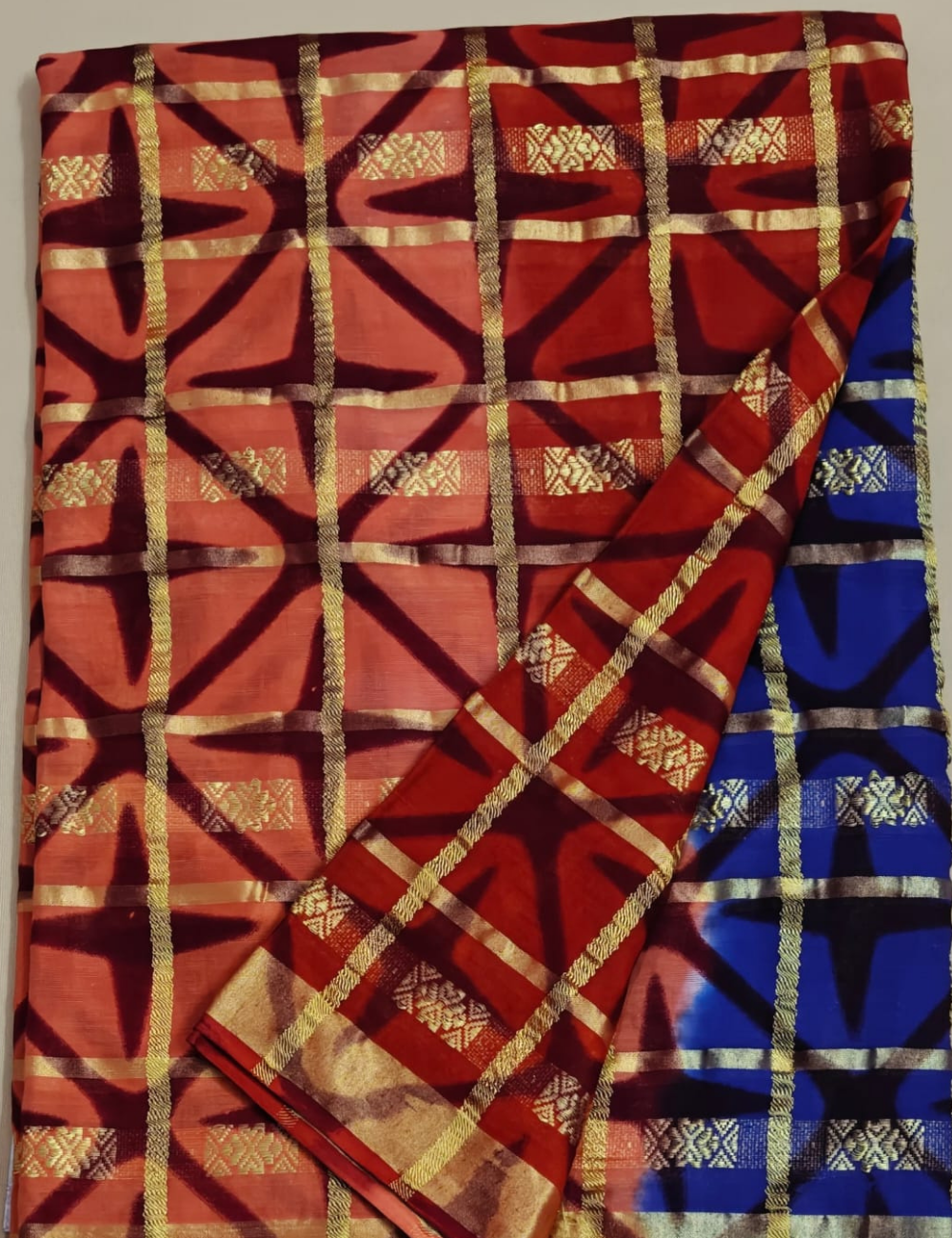 Peach and Blue Checkered Geometric Sari