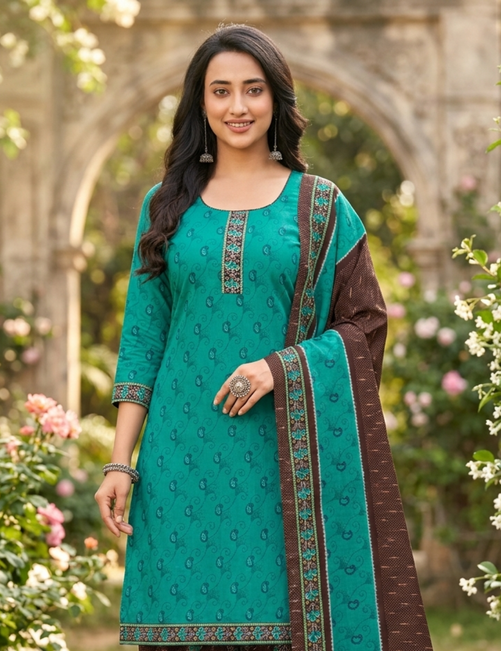 Elegant Teal & Coffee Brown Patiala Kurta Set with Dupatta
