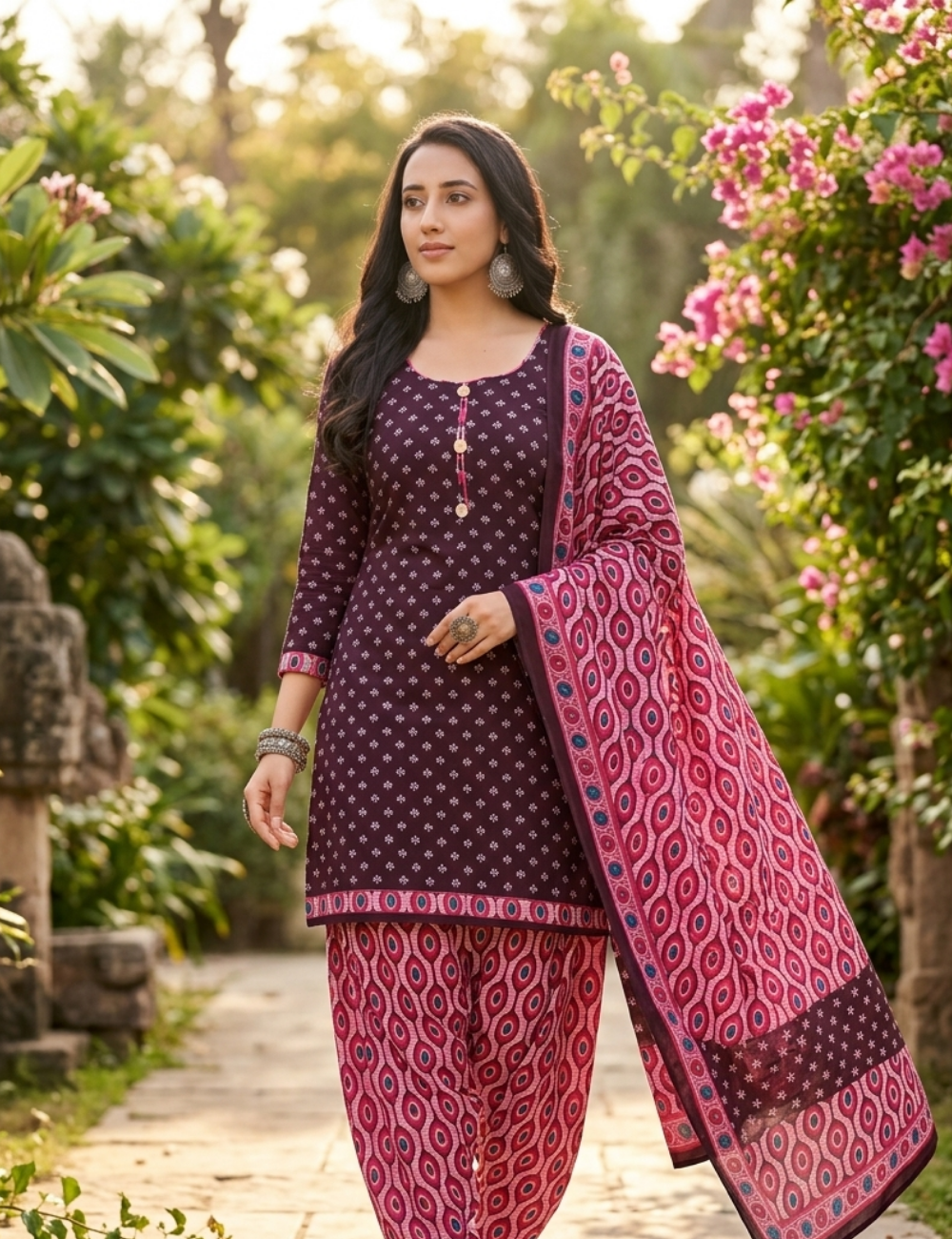 Elegant Deep Plum Patiala Kurta Suit with Geo-Print Accents