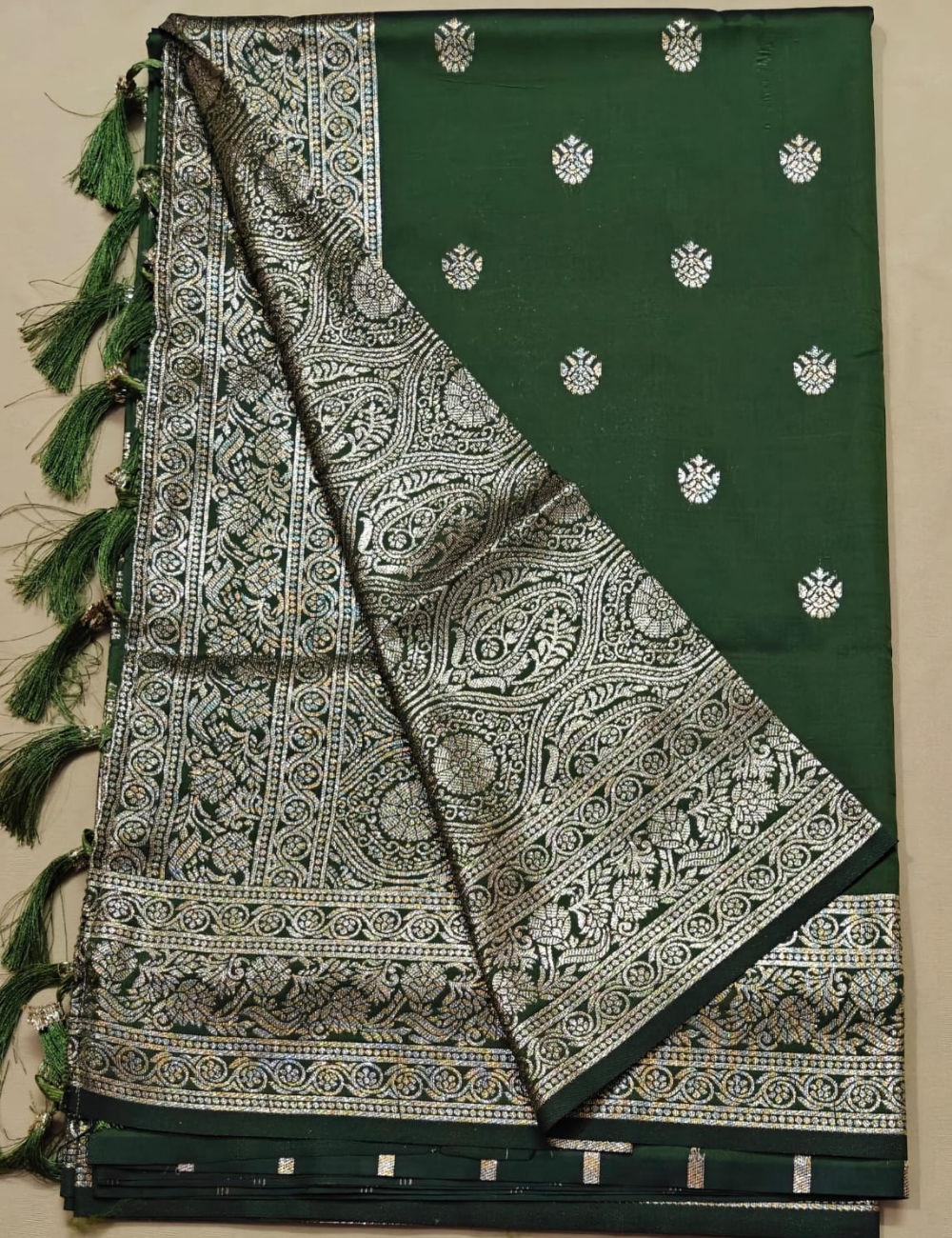 Dark Green and Golden Zari Elephant Motif Sari