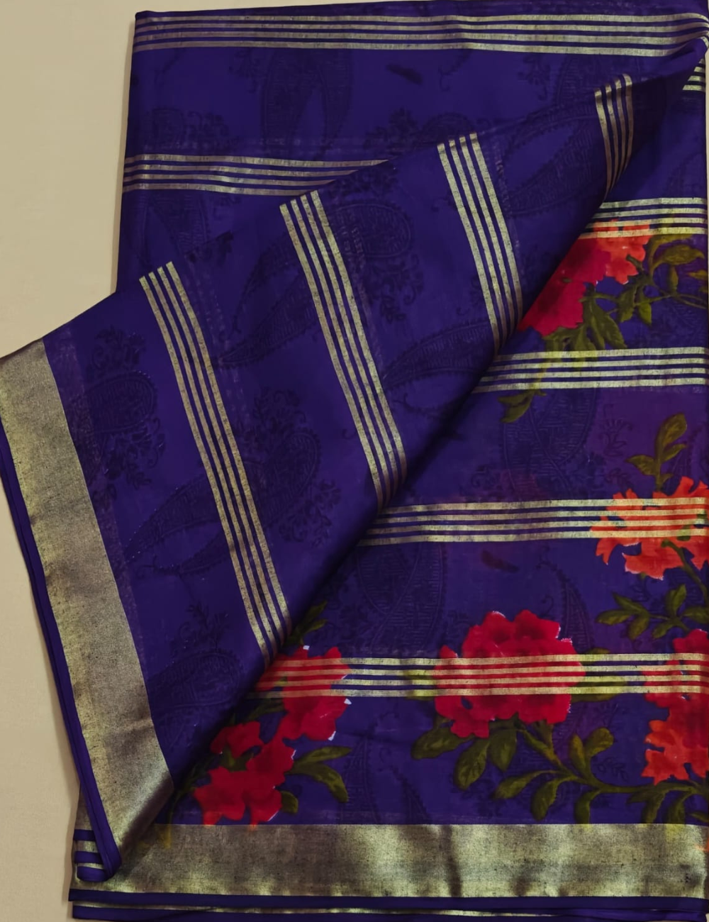 Royal Purple Cotton Sari with Vibrant Floral Prints and Metallic Stripes