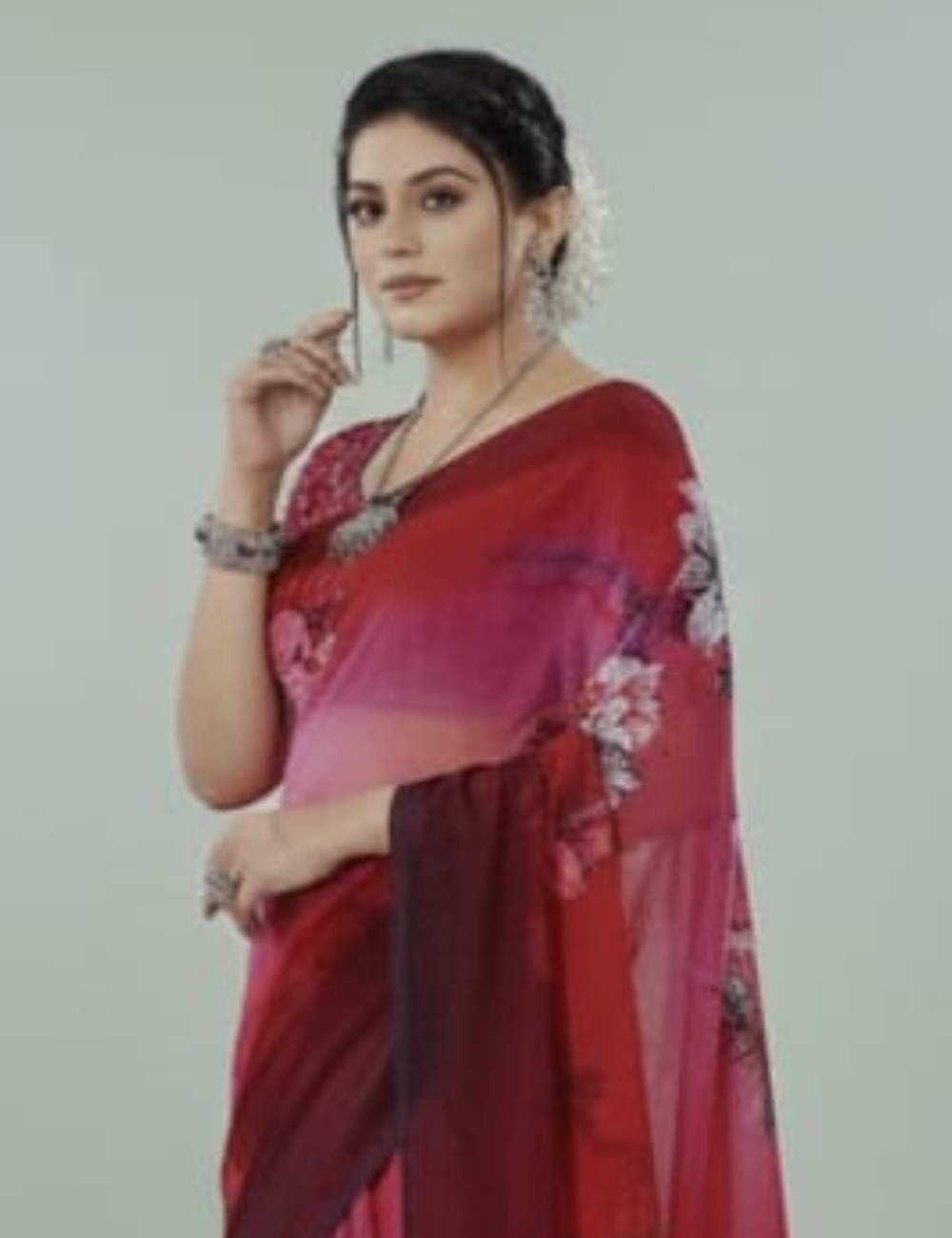 Red and Purple Saree with Large Floral Prints