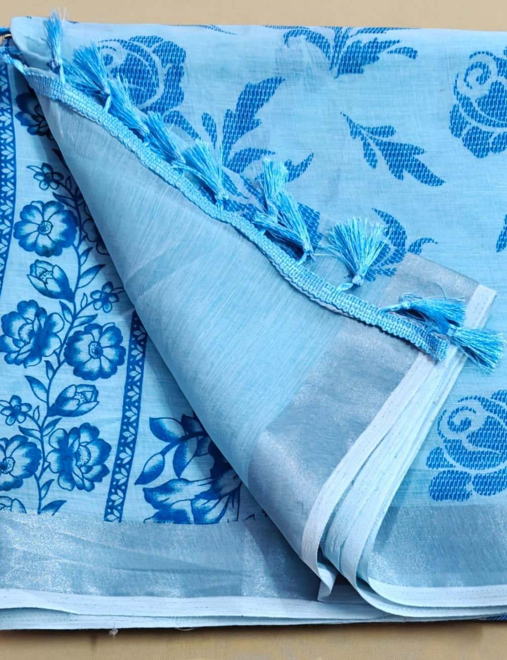 Ice Blue Rose Weave Cotton Saree