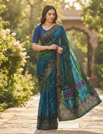 Blue and Green Elephant Bandhani Cotton Saree